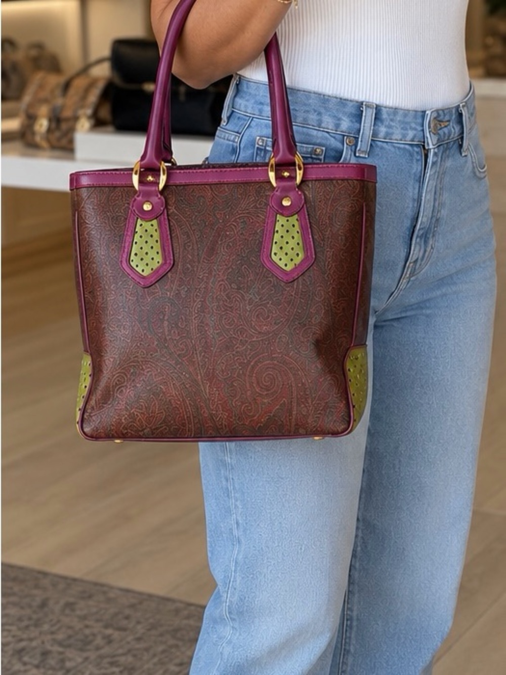 ETRO Paisley Leather Tote Bag Made in Italy Pink Green Dust Bag - Picture 11 of 11